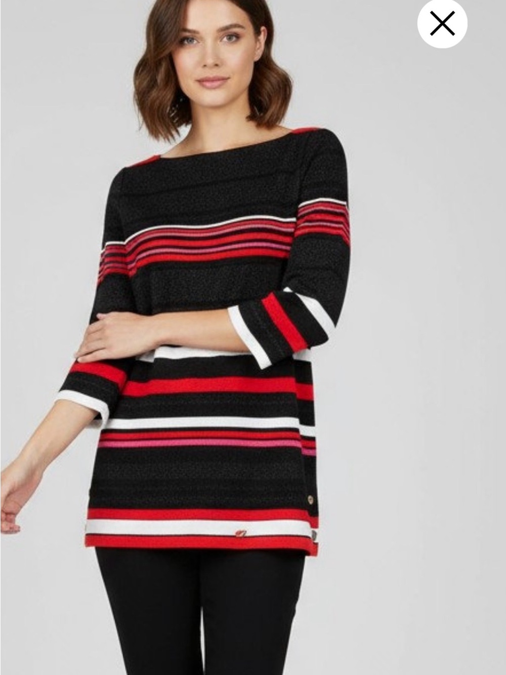 St. John Striped Boatneck tunic knit Sweater gold Accents size large. Wool
